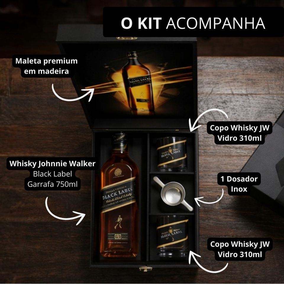 Kit Johnnie Walker Black Label 750ml. Caixa Madeira - Roberta