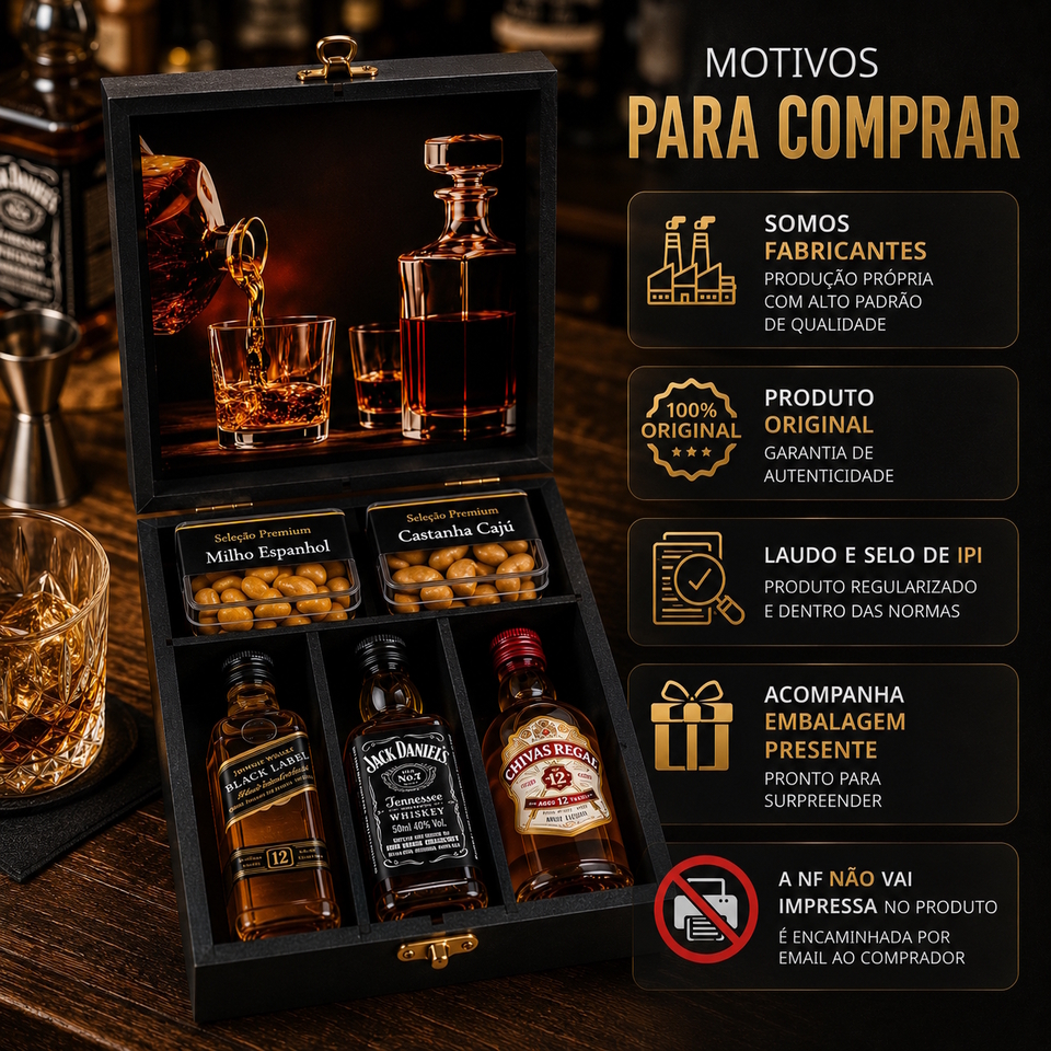 Kit Mini Whisky Black, Jack e Chival 50ml. Caixa Madeira - Roberta
