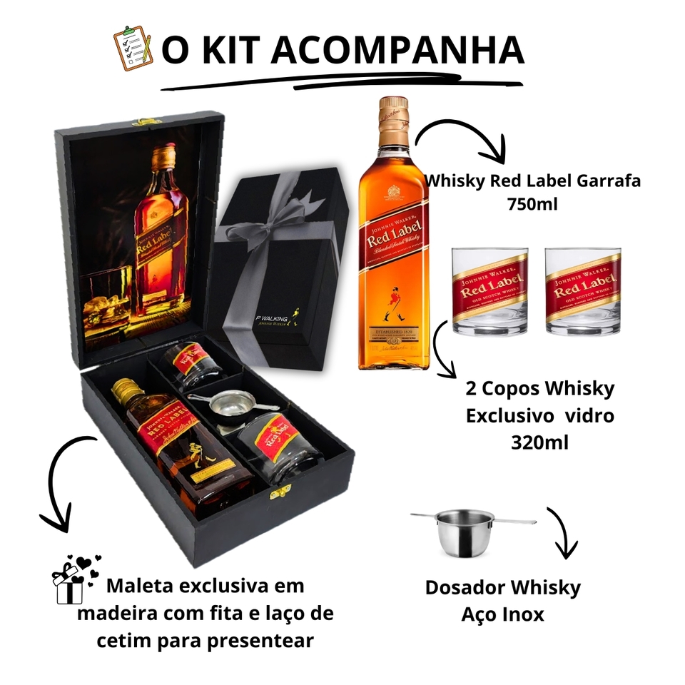 Kit Johnnie Walker Red Label 750ml. Caixa Madeira - Roberta