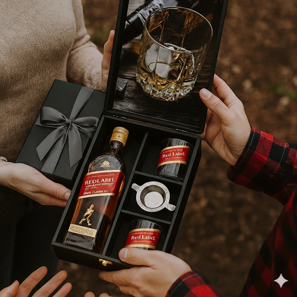Kit Johnnie Walker Red Label 750ml. Caixa Madeira - Roberta