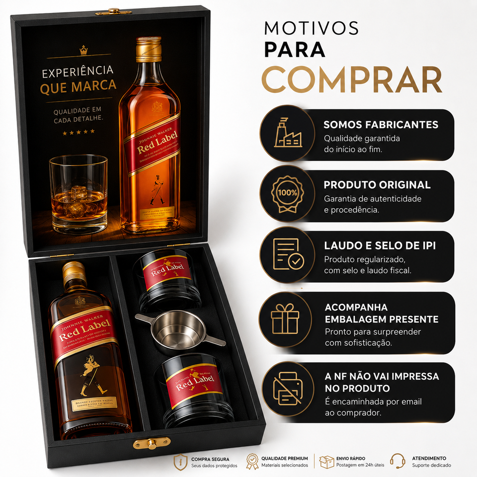 Kit Johnnie Walker Red Label 750ml. Caixa Madeira - Roberta