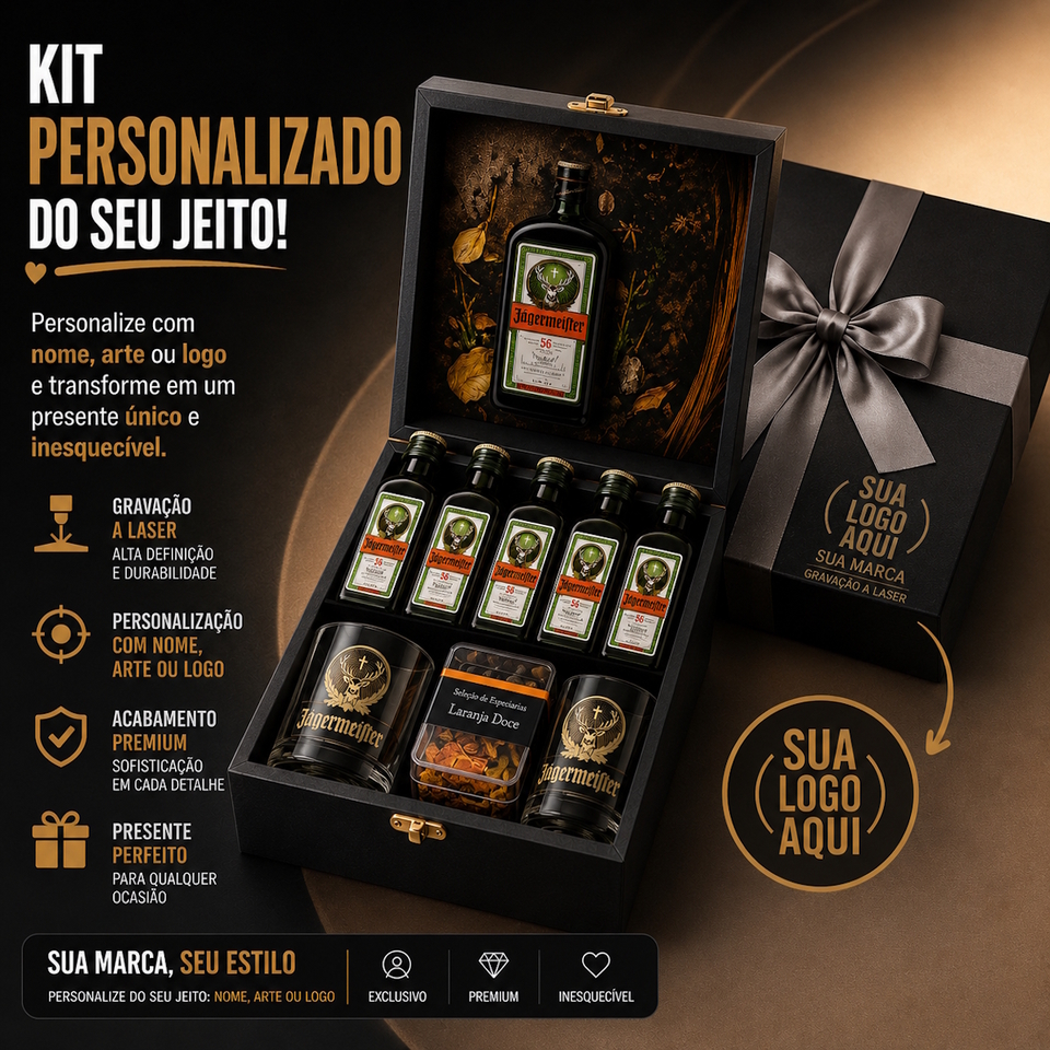 Kit Licor Aperitivo Jagermeister mini 50ml. Caixa Madeira
